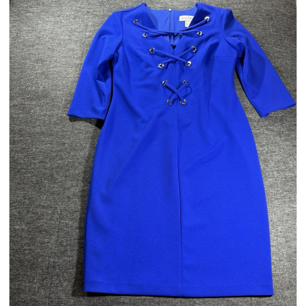 Joseph Ribkoff Sheath Dress Womens 12 Blue Lace Up Grommet Neckline V Neck Midi